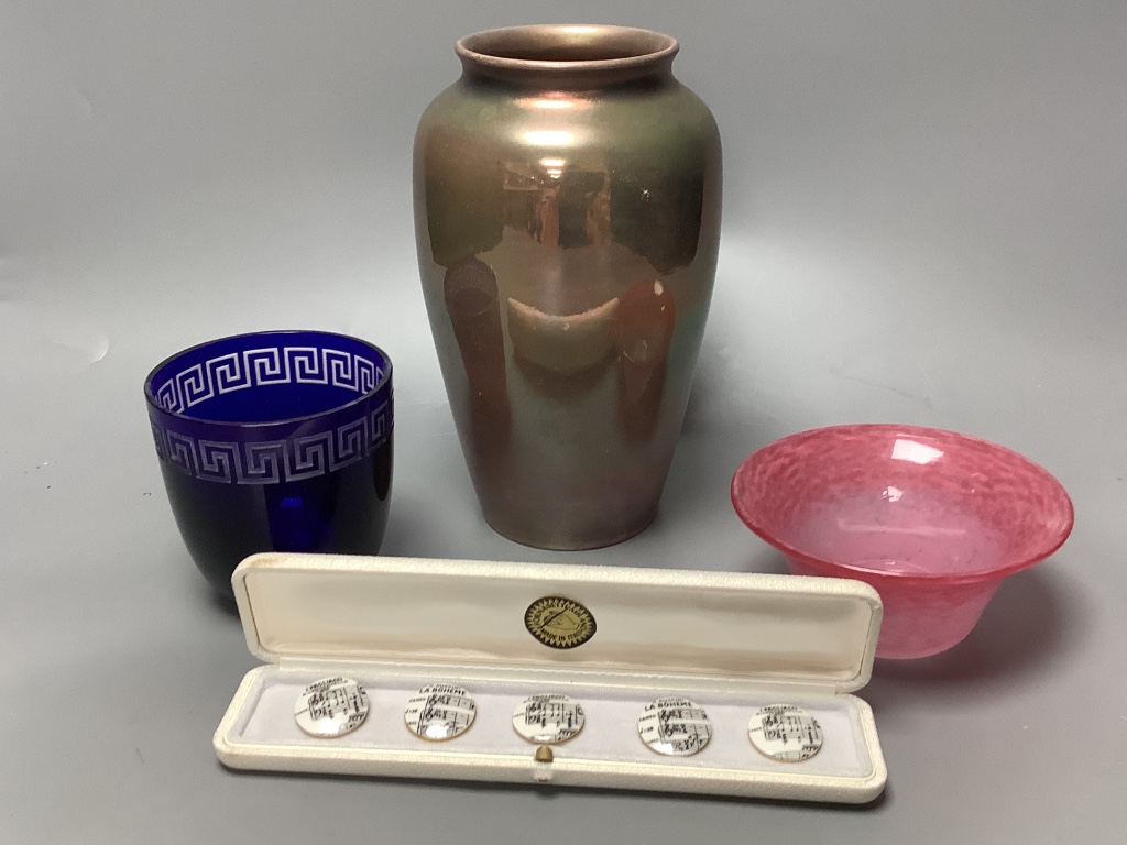 A Schneider pink glass rinser, signed, a cased set of Fornasetti buttons, a Rosenthal Versace glass vase and a Moorcroft vase